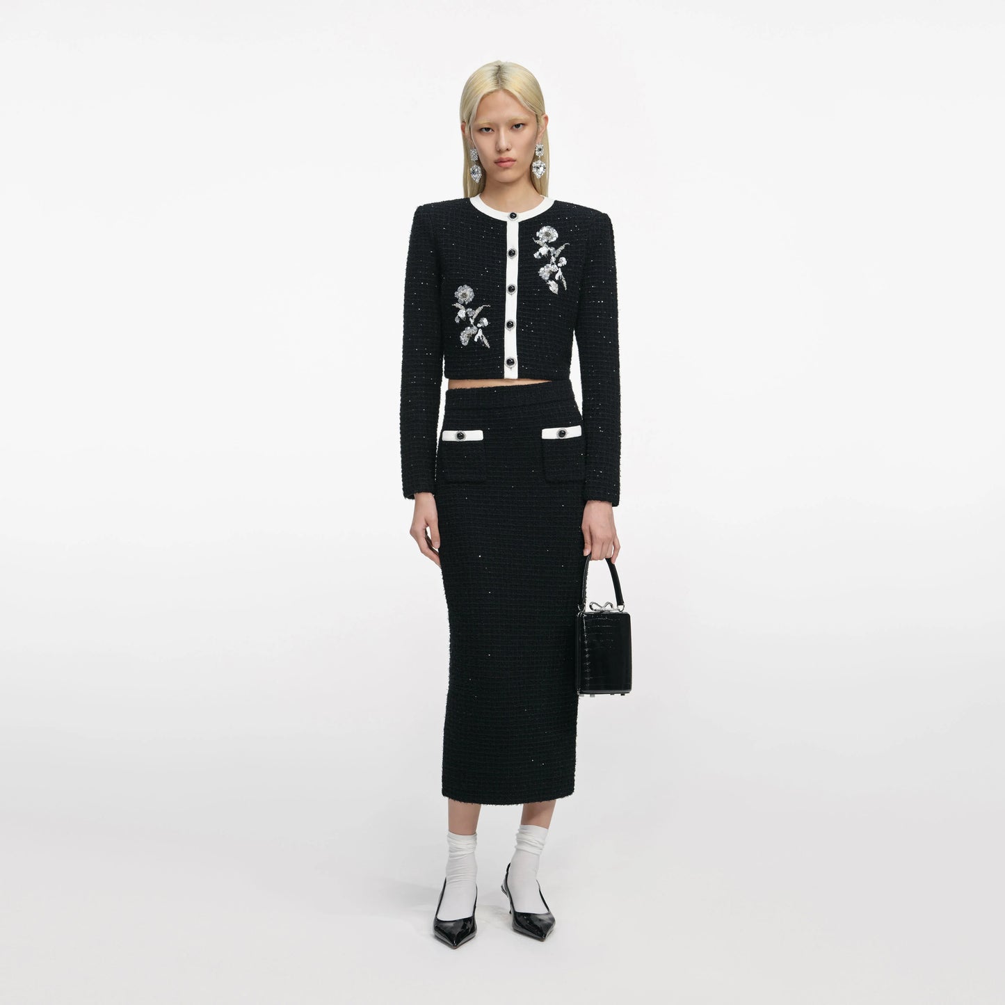 Black Textured Knit Midi Skirt