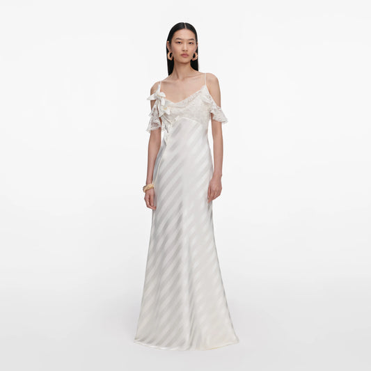 Cream Satin Striped Maxi Dress