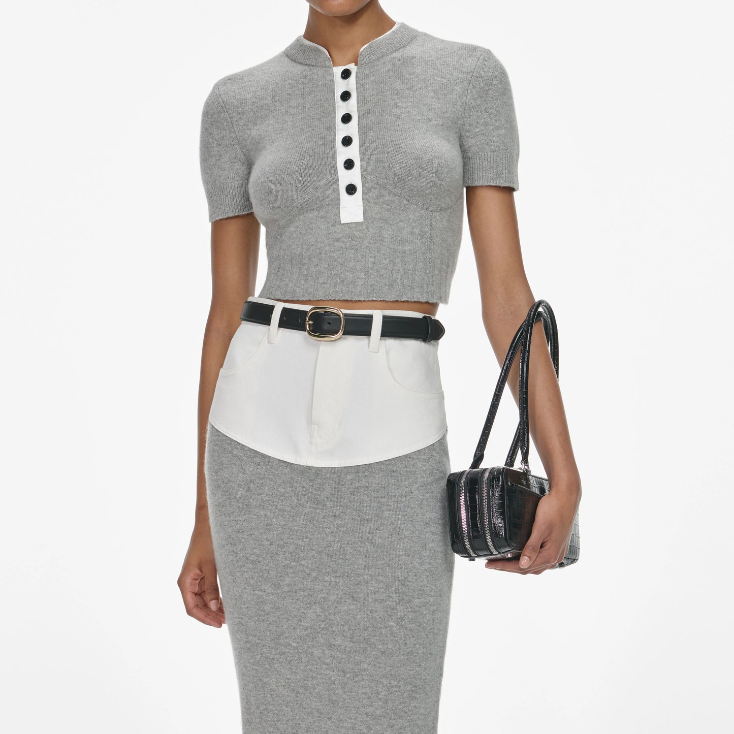 Grey Knit Denim Insert Midi Skirt