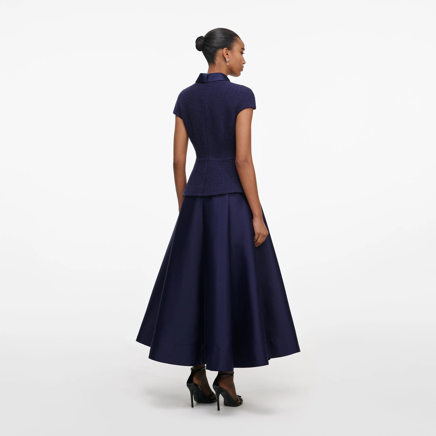 Navy Boucle Taffeta Midi Dress