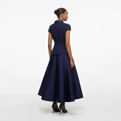 Navy Boucle Taffeta Midi Dress
