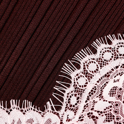 Brown Contrast Lace Knit Top