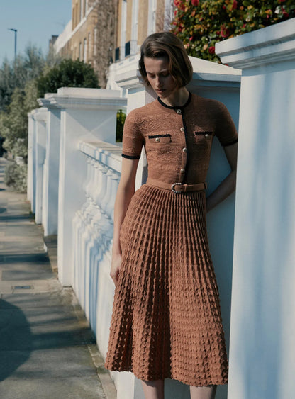 Brown Pointelle Knit Midi Dress