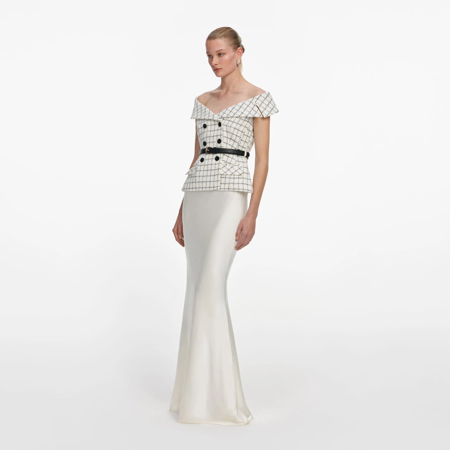 Check Boucle Satin Maxi Dress