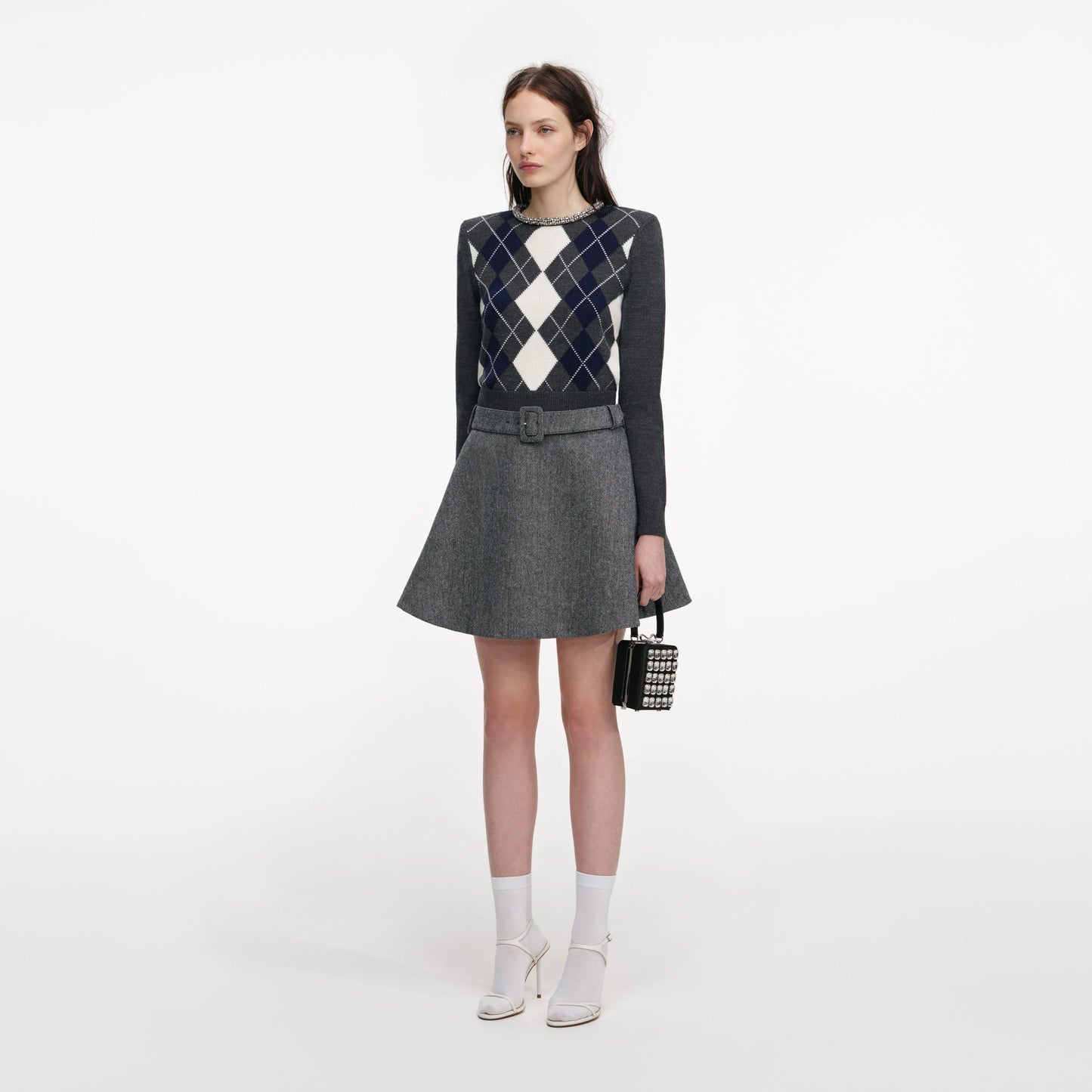 Grey Herringbone Flared Mini Skirt