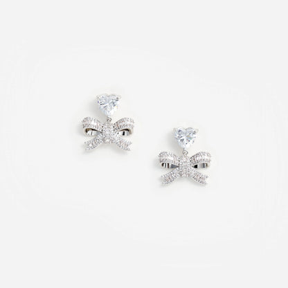 Crystal Heart Bow Drop Earrings