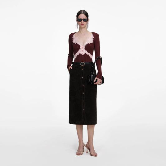 Brown Contrast Lace Knit Top
