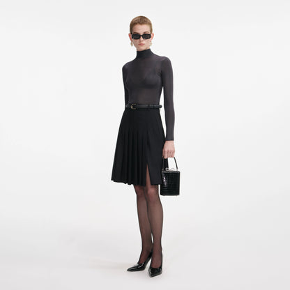 Black Pleated Twill Midi Skirt