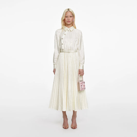 Cream Satin Jacquard Midi Dress