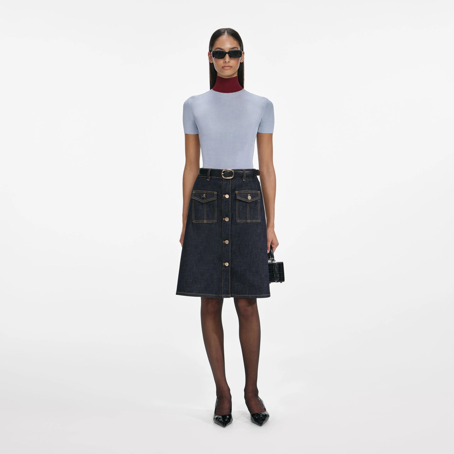 Indigo Denim Belted Midi Skirt
