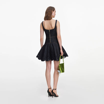 Indigo Denim Bow Embroidered Mini Dress