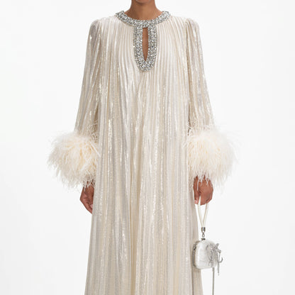 Gold Metallic Feather Maxi Dress