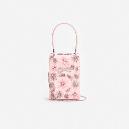 Pink Satin Floral Crystal Mini Bag
