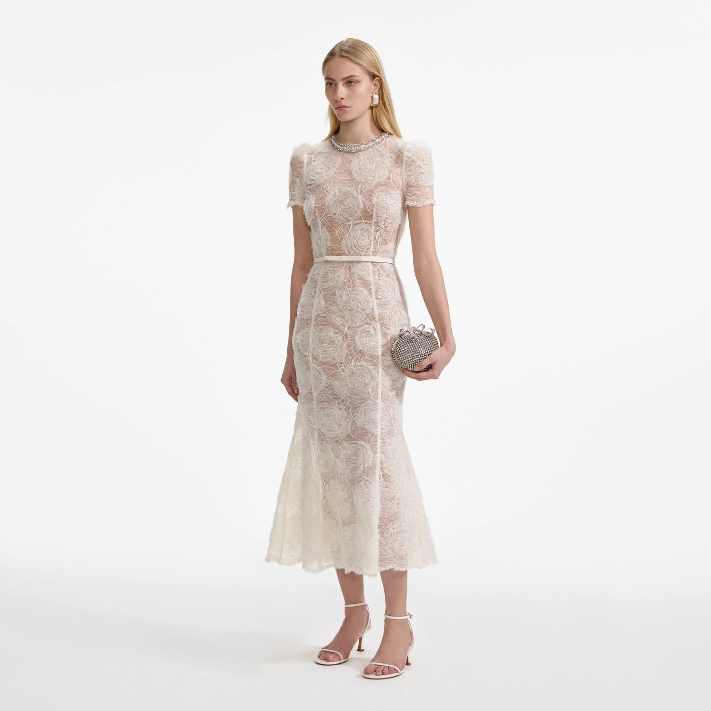 Cream Tulle Lace Midi Dress