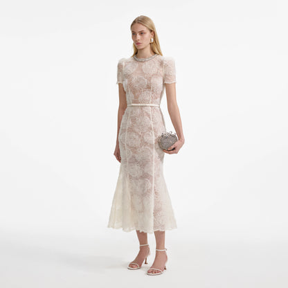 Cream Tulle Lace Midi Dress
