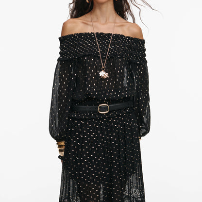 Black And Gold Chiffon Lace Maxi Skirt