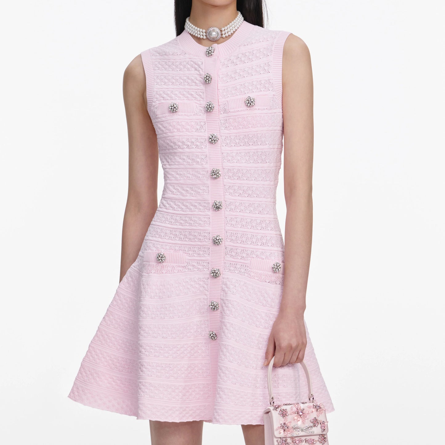 Pink Pointelle Diamante Knit Mini Dress
