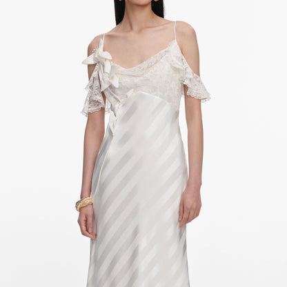 Cream Satin Striped Maxi Dress