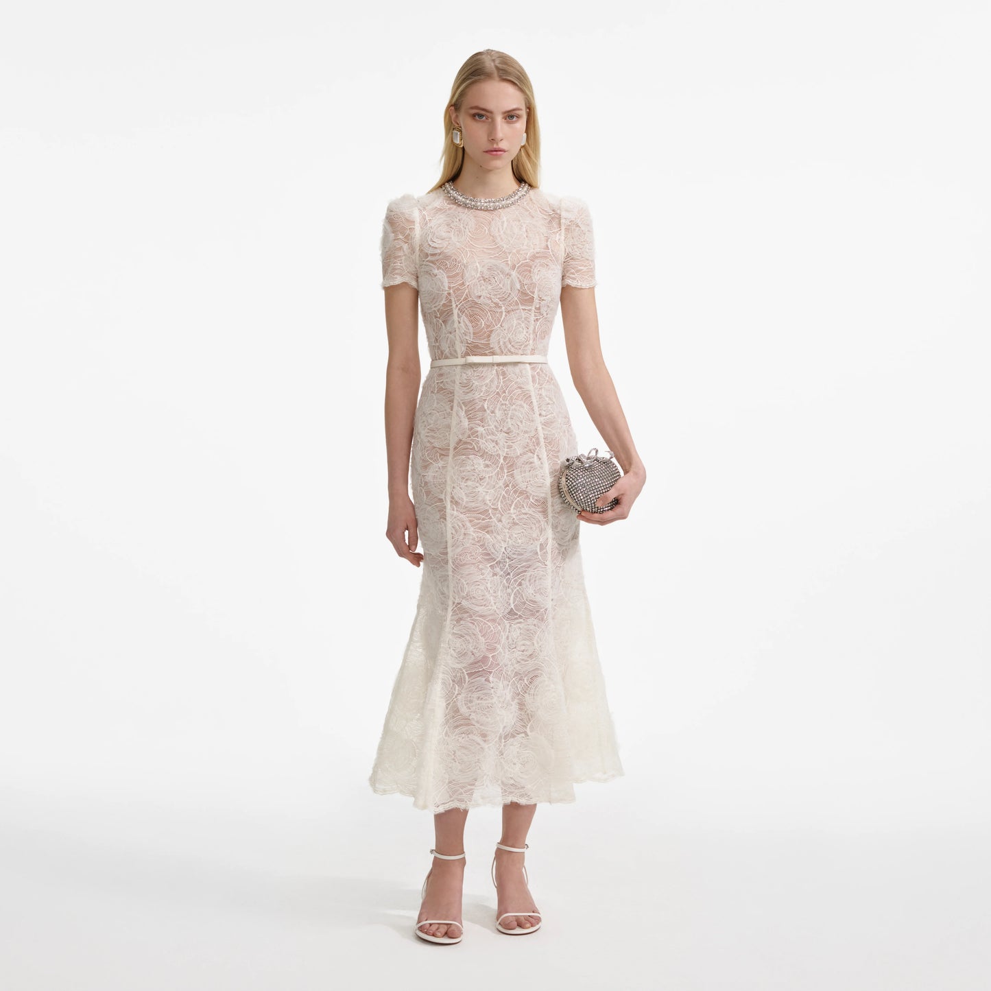 Cream Tulle Lace Midi Dress