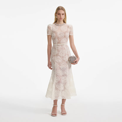 Cream Tulle Lace Midi Dress