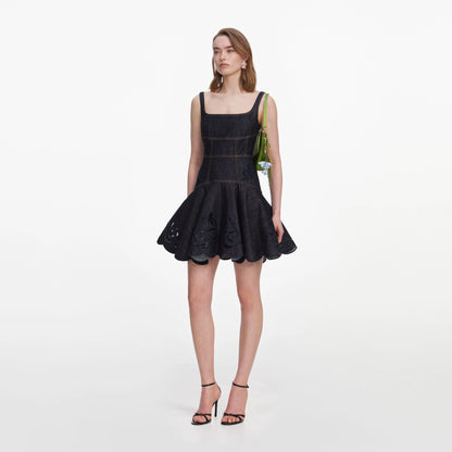 Indigo Denim Bow Embroidered Mini Dress