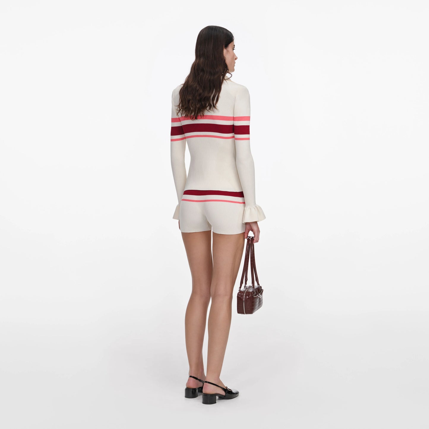 Cream Stripe Viscose Knit Button Top