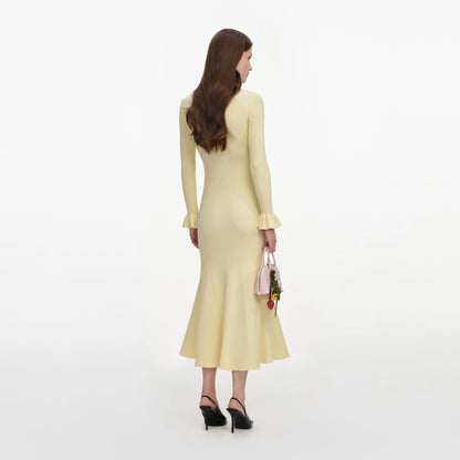 Yellow Viscose Knit Tie Midi Dress