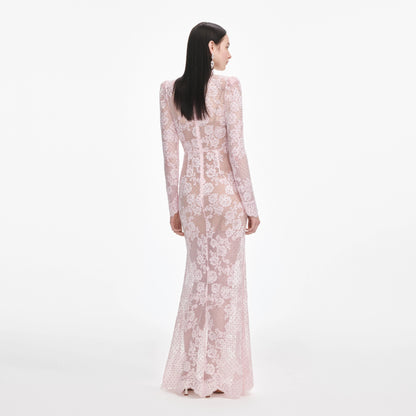 Pale Pink Rhinestone Lace Maxi Dress