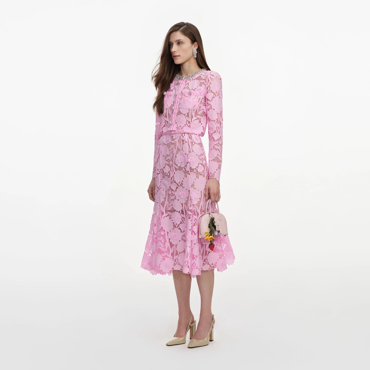 Pink Lace Crystal Embellished Midi Dress