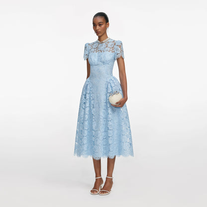Blue Fine Lace Midi Dress