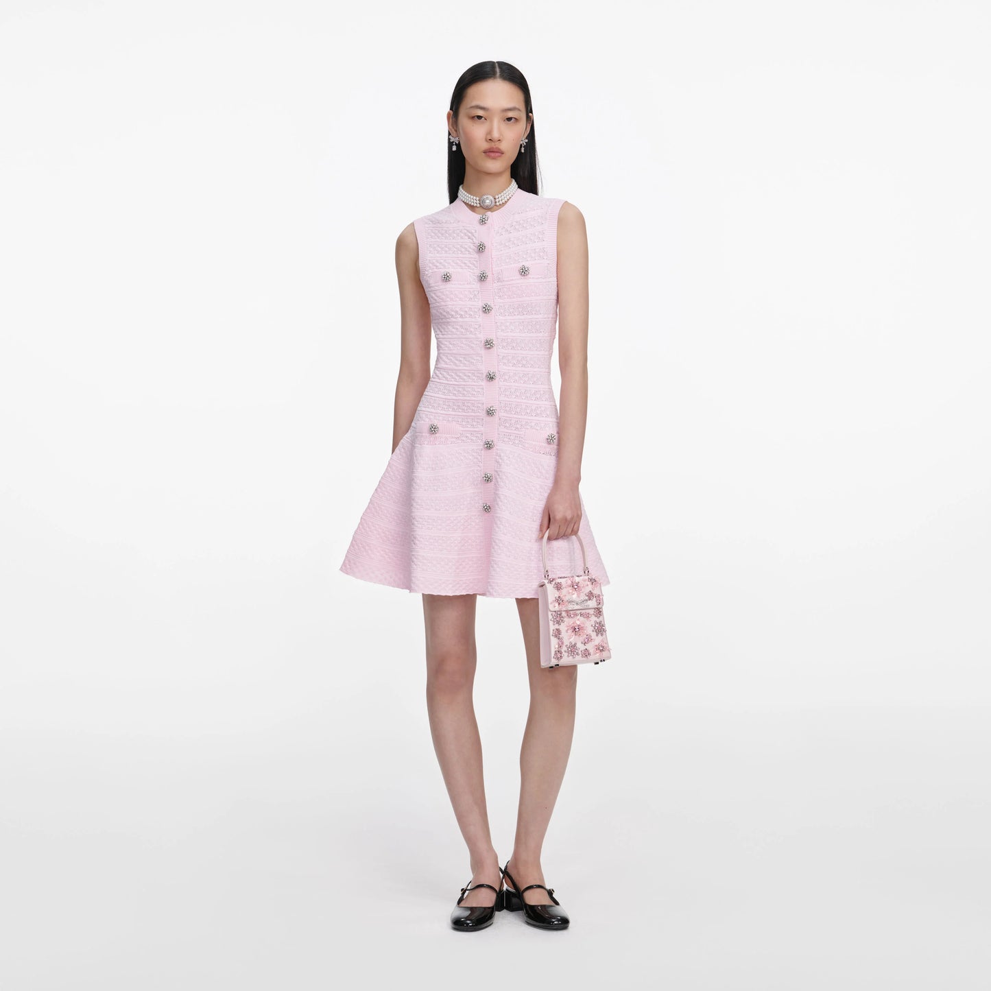 Pink Pointelle Diamante Knit Mini Dress