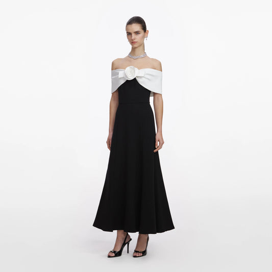 Black Crepe Flower Midi Dress