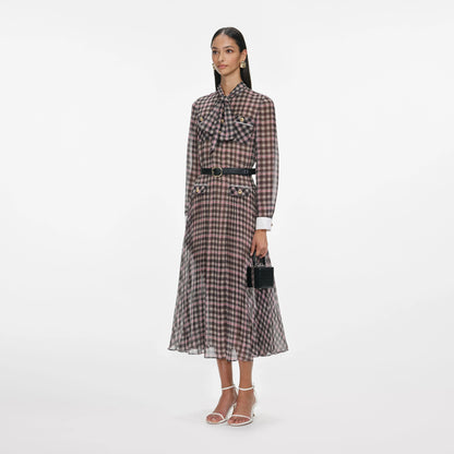 Brown Check Chiffon Midi Dress