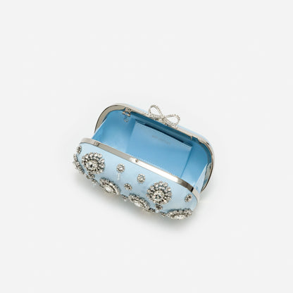 Blue Satin Multi Crystal Clutch Bag