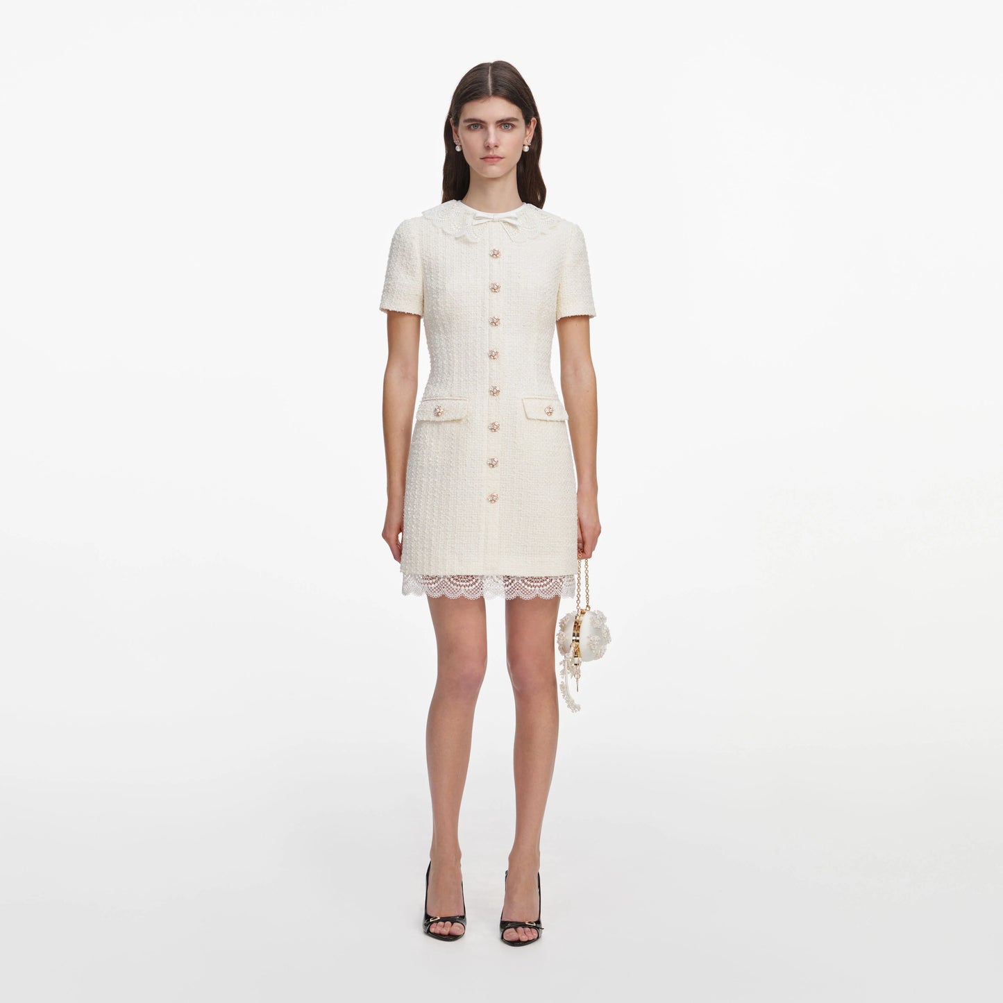 Cream Boucle Lace Trim Tailored Mini Dress