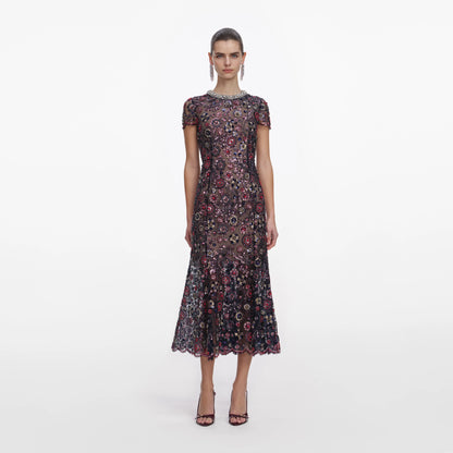 Navy Floral Sequin Midi Dress